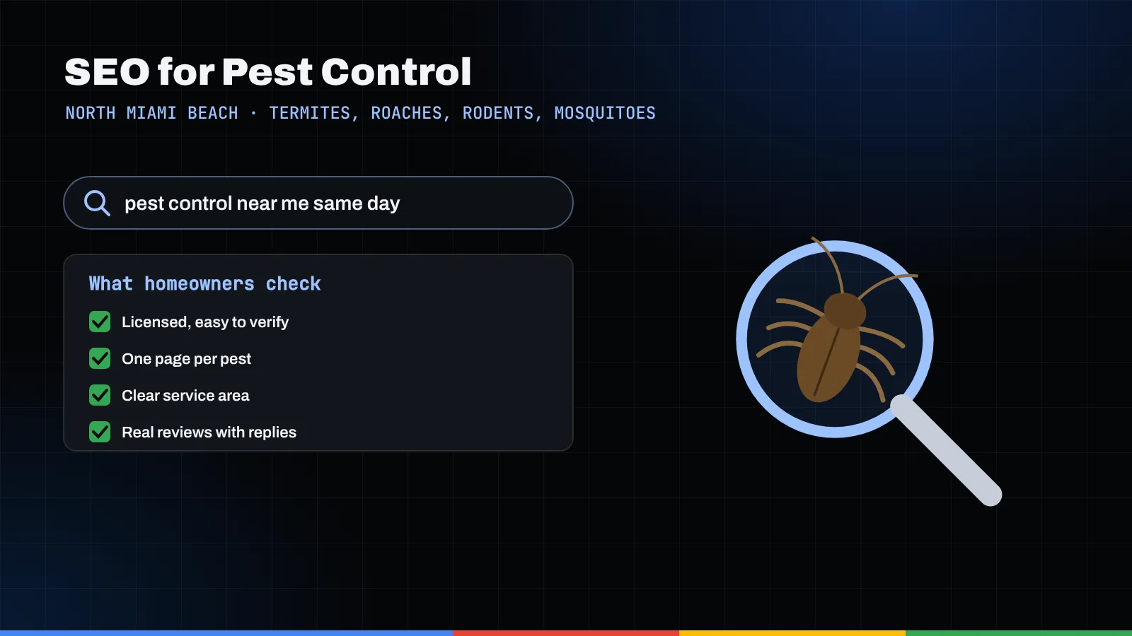 Illustration of a same-day pest control search, a homeowner checklist, and a magnifying glass over a beetle