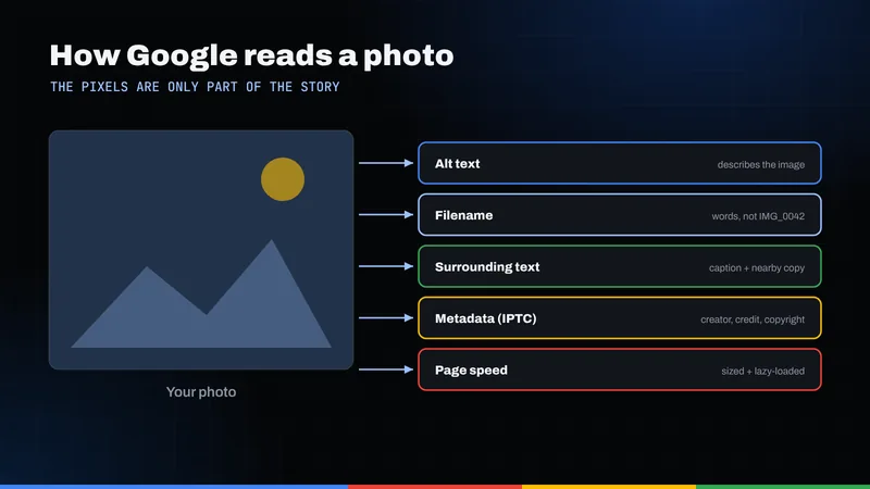 Diagram of how search engines read a photo: alt text, filename, surrounding text, IPTC metadata and page speed