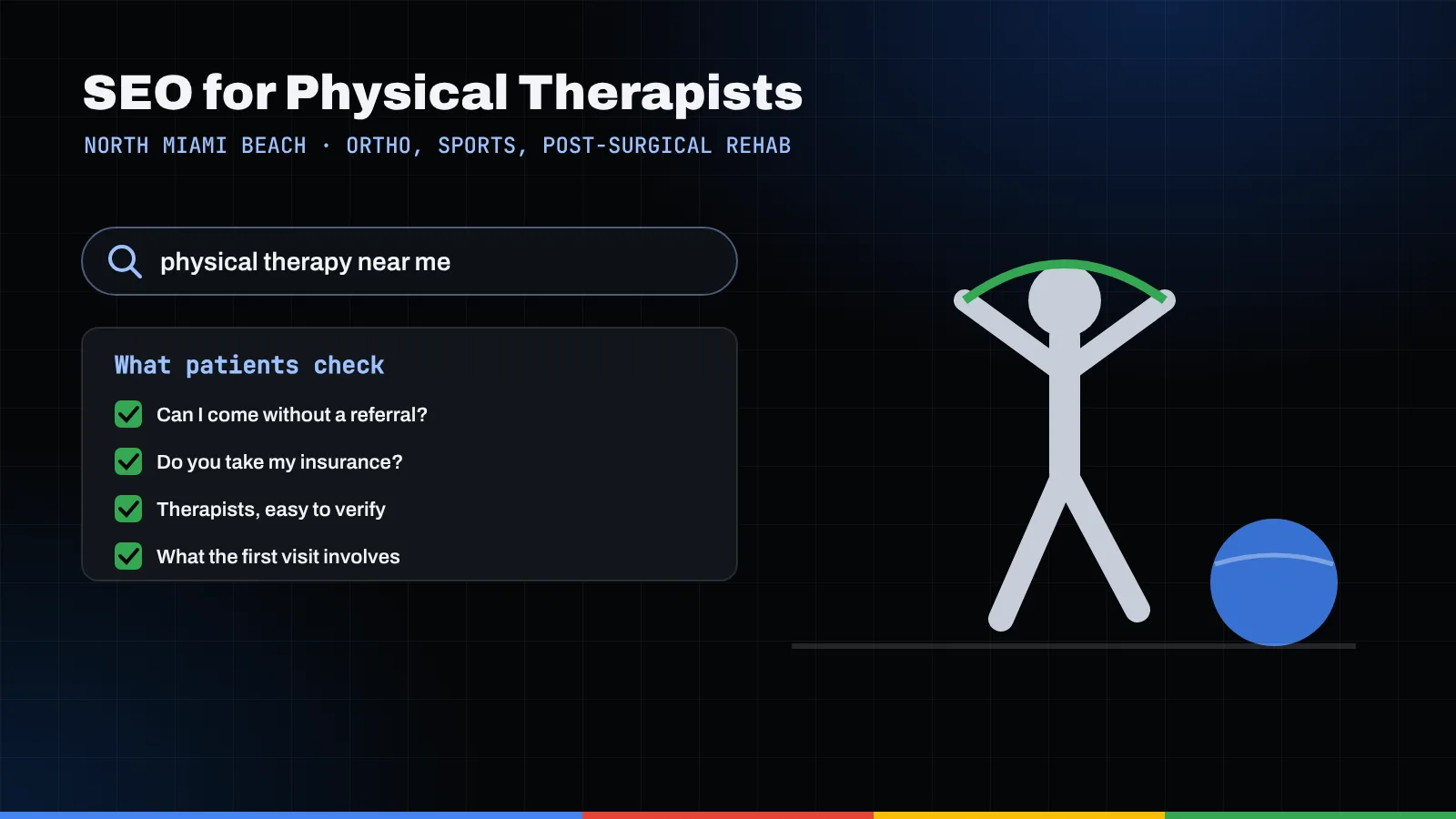 Illustration of a physical therapy search, a patient checklist, and a figure stretching a resistance band beside an exercise ball