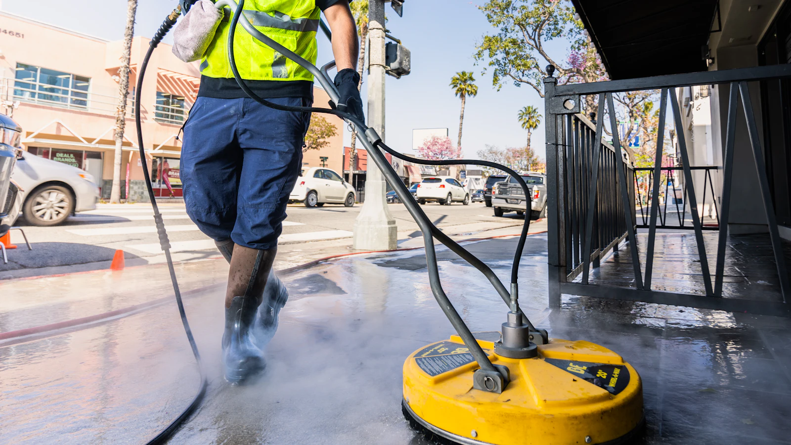 A worker in a high-visibility jacket pressure washing a wet paved sidewalk