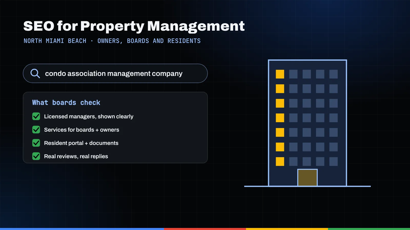 Illustration of a search for a condo association management company, a board's checklist, and a residential tower