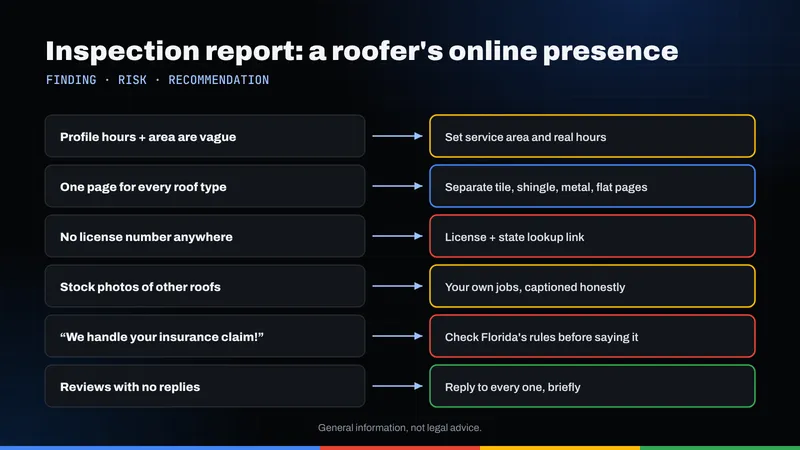Inspection-style report of six findings in a roofer's online presence, each with a recommendation