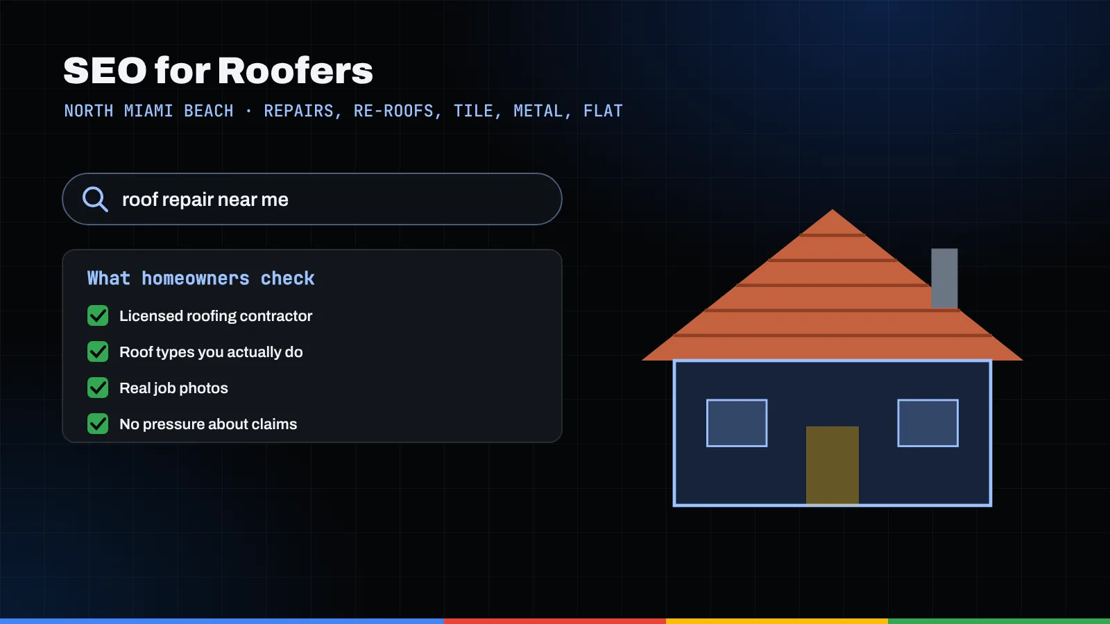Illustration of a roof repair search, a homeowner checklist, and a house with a terracotta tile roof