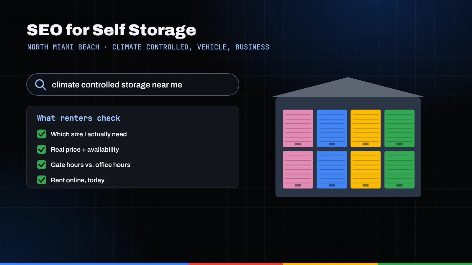 Illustration of a climate controlled storage search, a renter checklist, and a building of colorful storage unit doors