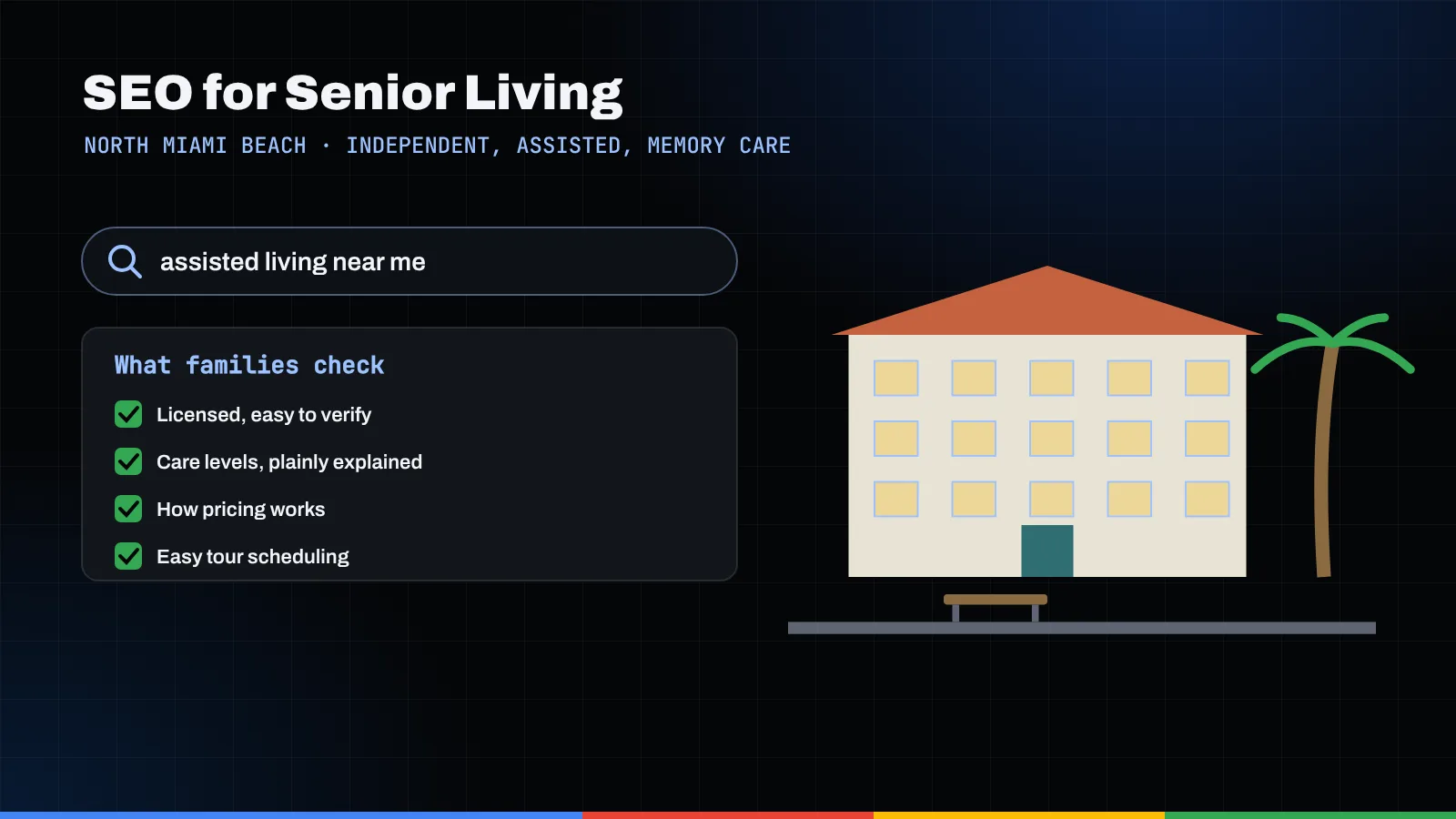 Illustration of an assisted living search, a family checklist, and a senior living building with a palm tree and bench