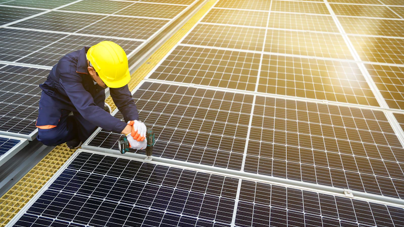A technician in a yellow hard hat working on a large solar array