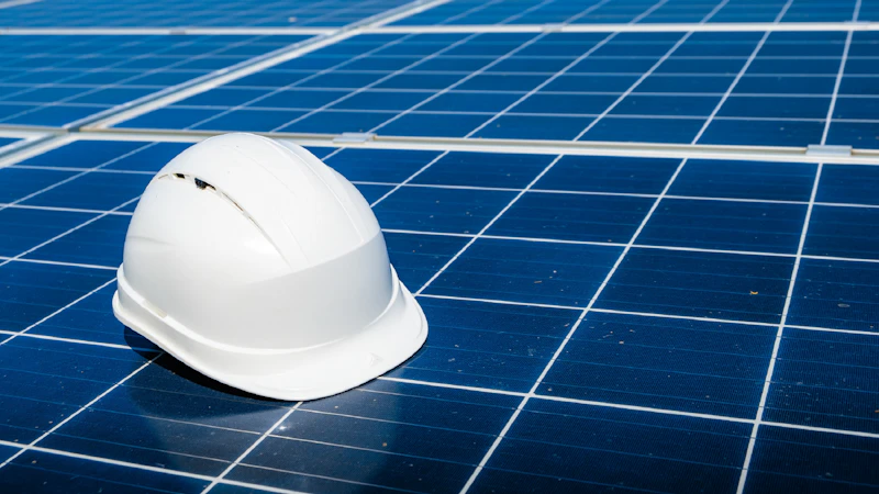A white hard hat resting on a blue solar panel