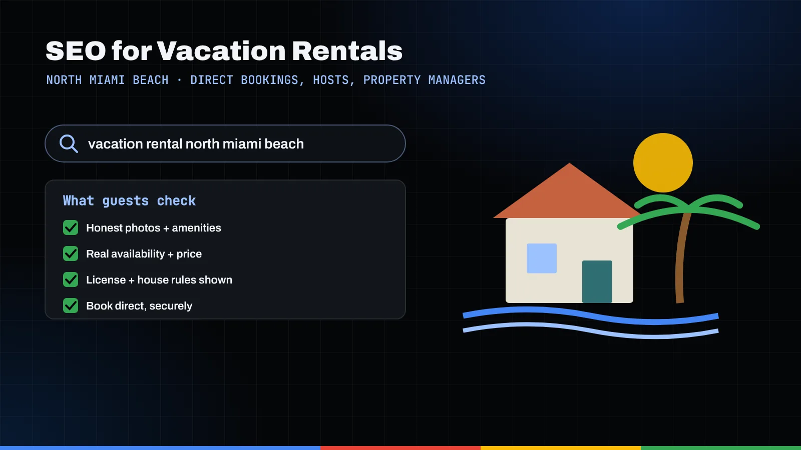 Illustration of a vacation rental search, a guest checklist, and a beach house with a palm tree and waves