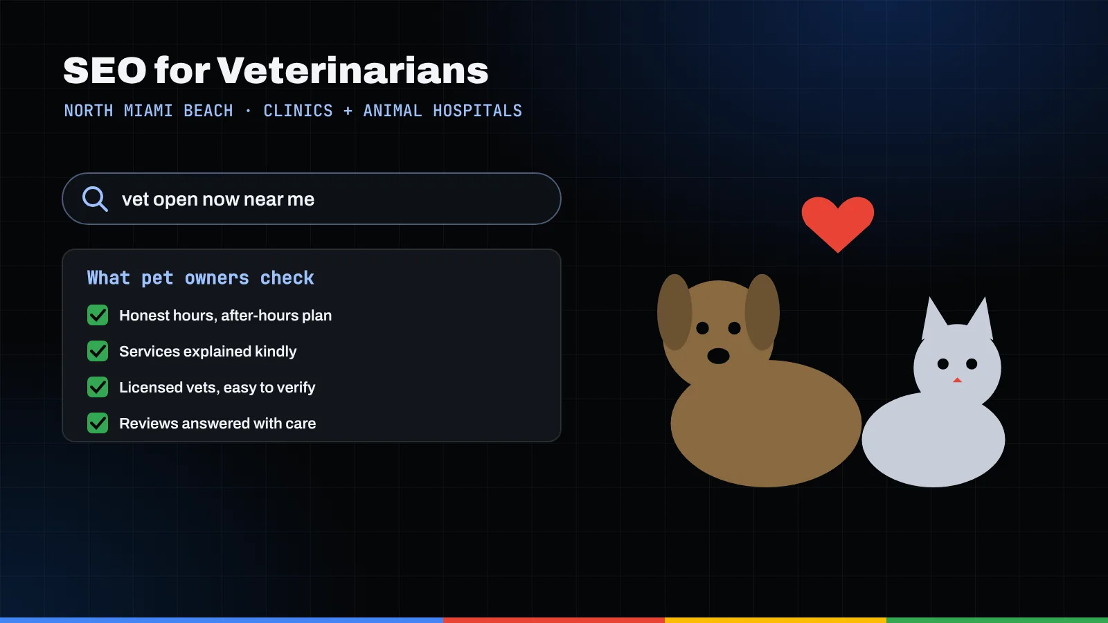 Illustration of a search for a vet open now, a pet owner checklist, a dog and a cat with a heart