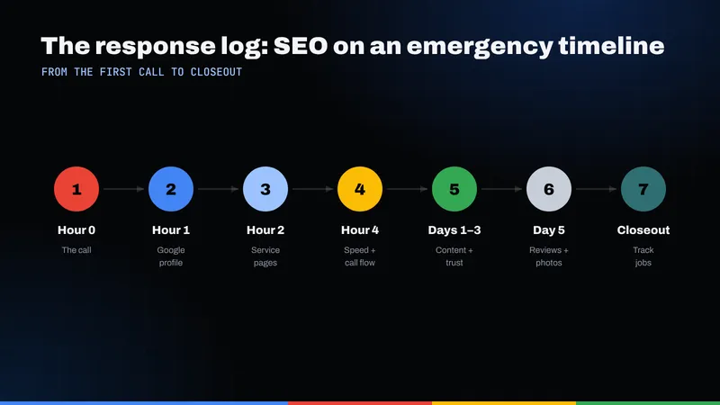 Seven-step emergency response timeline for a restoration company's SEO, from the first call to closeout