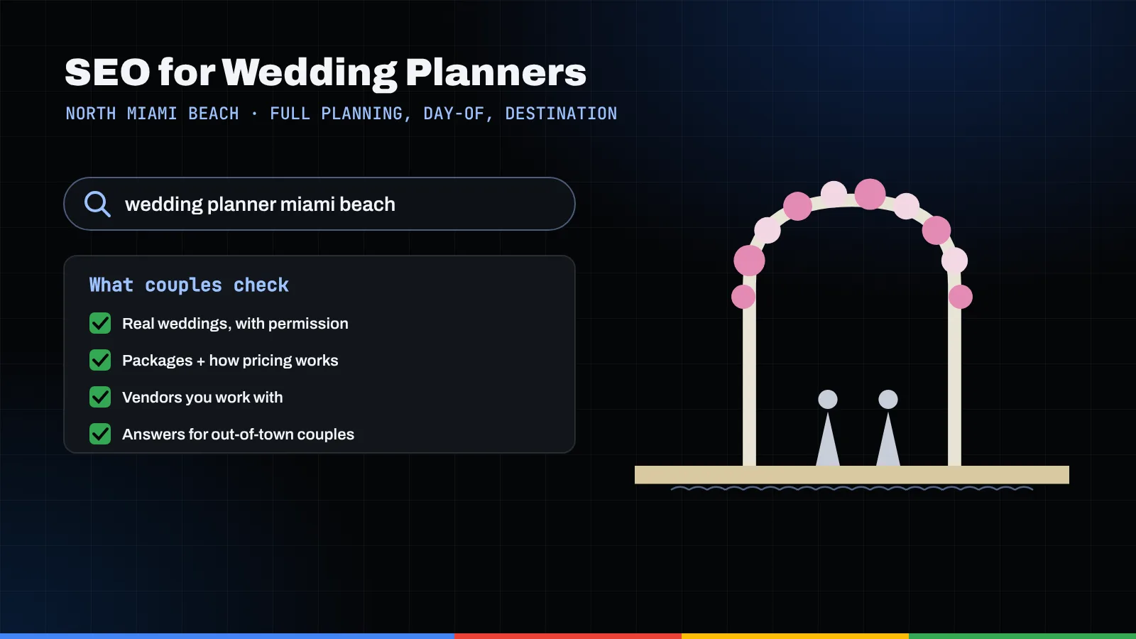 Illustration of a wedding planner search, a couple's checklist, and a floral ceremony arch on the beach