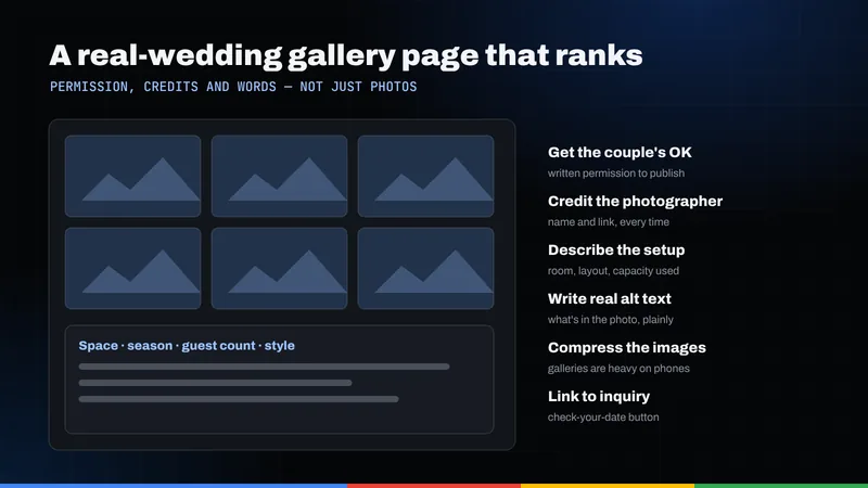 Wireframe of a real-wedding gallery page with photos, a setup description and a checklist for permission, credits and alt text