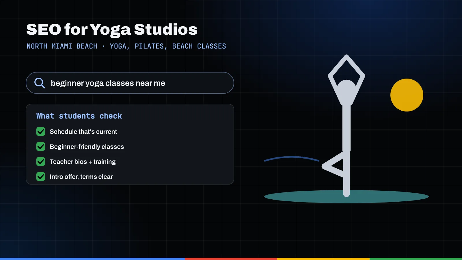 Illustration of a beginner yoga search, a student checklist, and a figure in tree pose on a mat under the sun