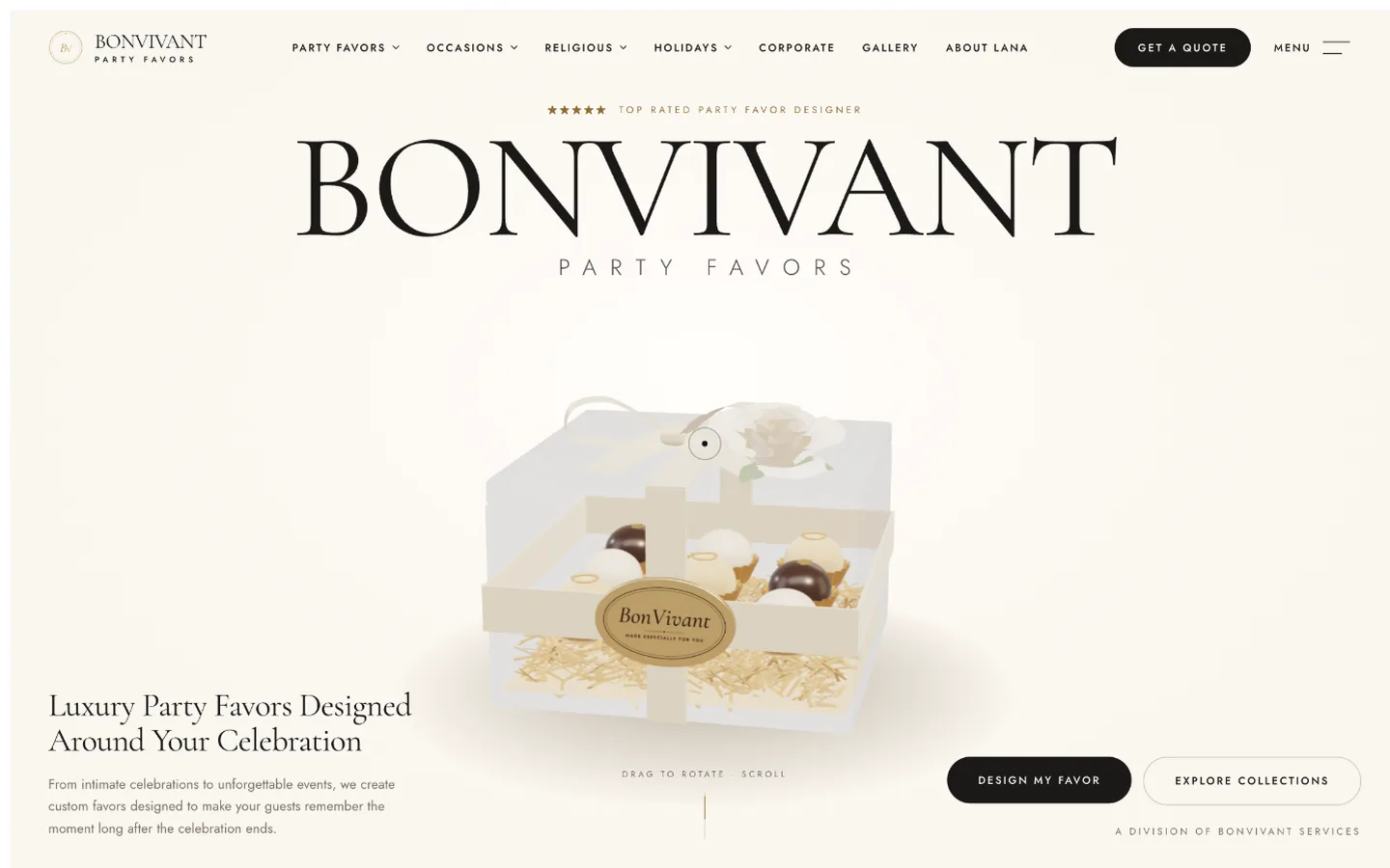 BonVivant Party Favors website homepage, a Ribacoff Enterprises project